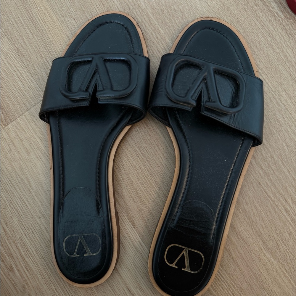 Valentino Black Leather Slide Sandals
